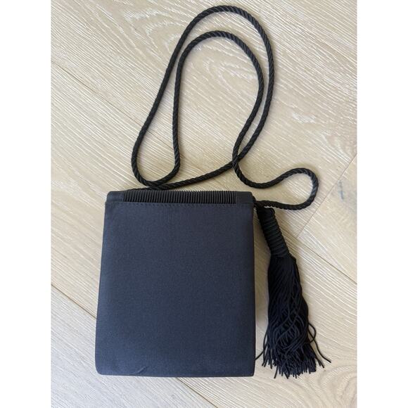 Vintage 80’s Lord and Taylor Black Textured Small Rope Tassel Crossbody Bag - Picture 3 of 12
